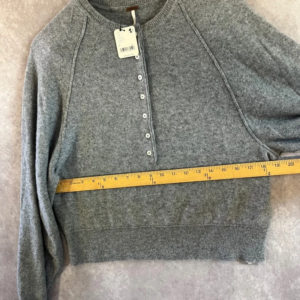 Free People Cashmere Henley Sweater Womens Small Cloudy Grey Balloon Sleeve NEW